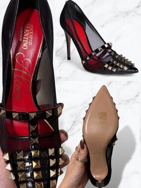Valentino Black Mesh & Patent Leather Rockstud Pointed-Toe Pumps